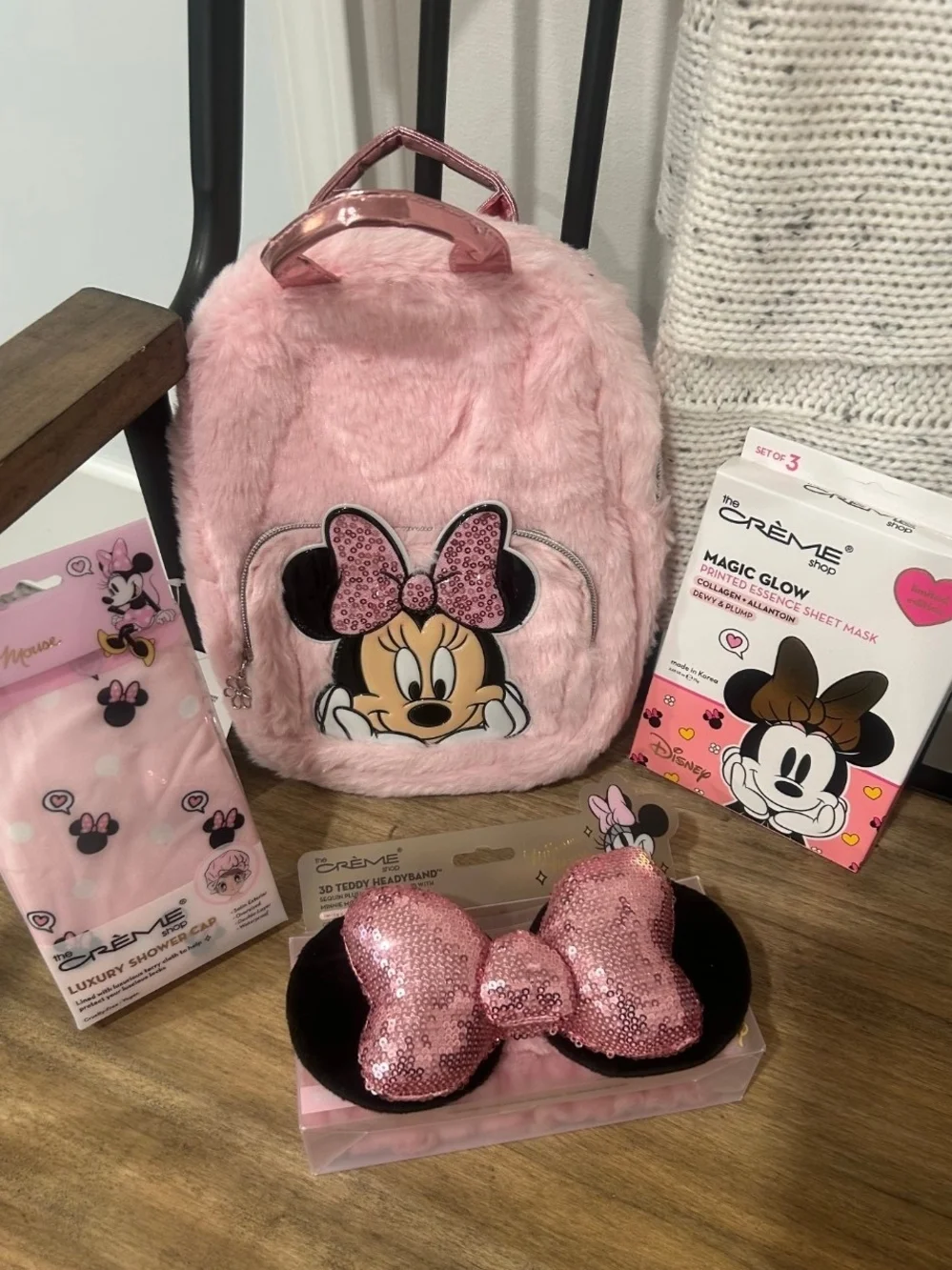 Disney Pink Faux Fur Minnie Mouse Kids Backpack with Sequin Bow Bundle